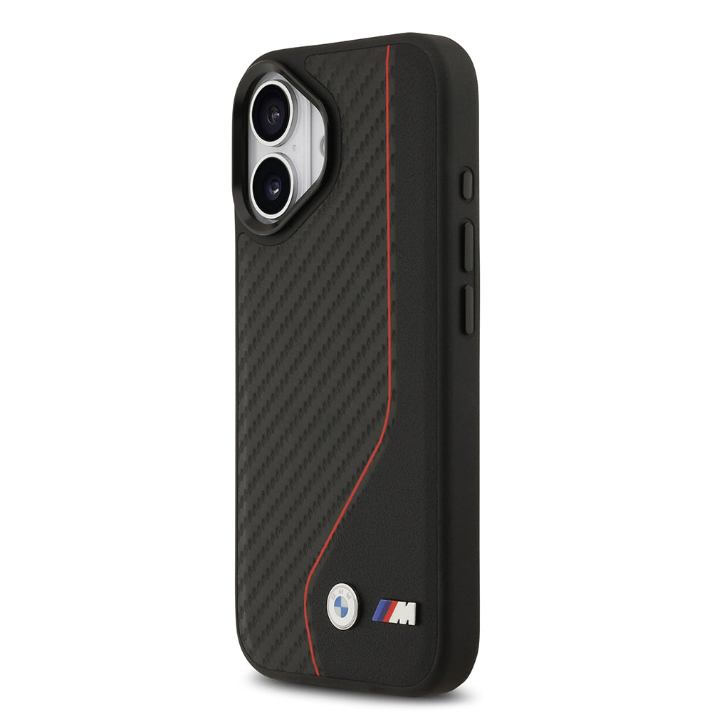 Apple iPhone 17 Kılıf BMW Orjinal Lisanslı M-safe Şarj Özellikli Metal BMW ve M Logolu PU Karbon Tasarımlı Kapak Kırmızı