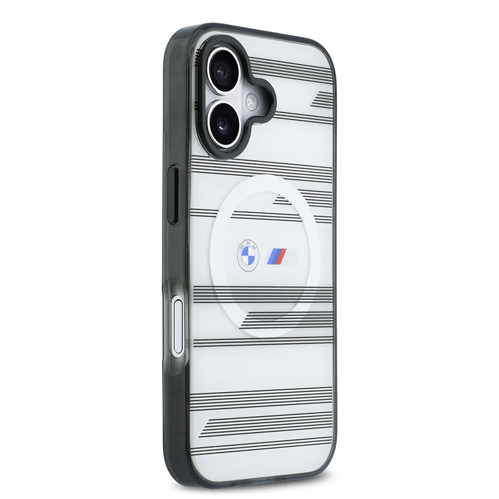 Apple iPhone 17 Kılıf BMW Orjinal Lisanslı M-safe Şarj Özellikli Metal Kamera Butonlu Yatay Şeritli M Dizayn Kapak Gümüş