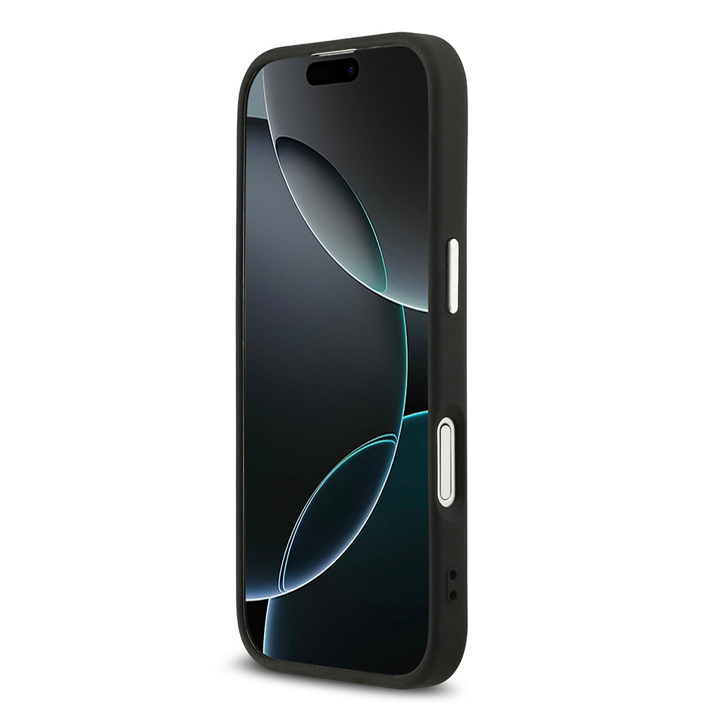 Apple iPhone 17 Kılıf Guess Orjinal Lisanslı Gümüş Metal Kamera Çerçeveli 4G Desenli Metal Büyük 4G ve Yazı Logolu Kapak Siyah