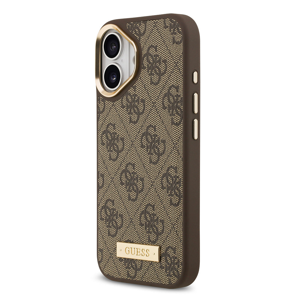 Apple iPhone 17 Kılıf Guess Orjinal Lisanslı M-safe Şarj Özellikli 4G Desenli PU Metal Plaka Klasik Logolu Kapak Kahverengi