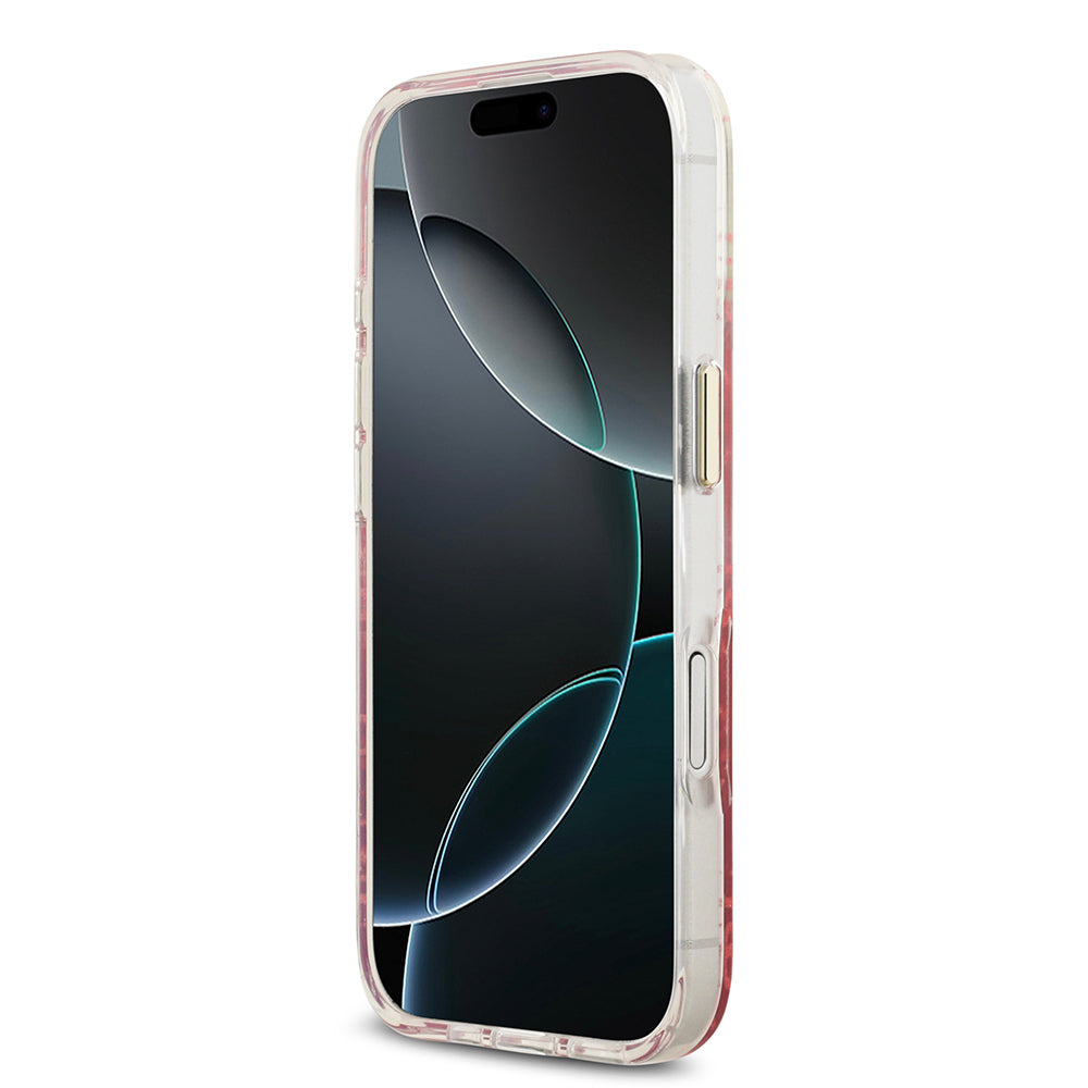 Apple iPhone 17 Kılıf Guess Orjinal Lisanslı M-safe Şarj Özellikli 4G Desenli Simli Silikon Kapak Pembe