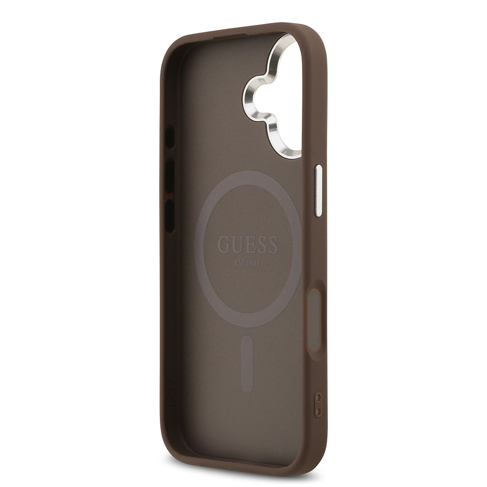 Apple iPhone 17 Kılıf Guess Orjinal Lisanslı M-safe Şarj Özellikli 4G Klasik Yazı Logolu Kapak Kahverengi