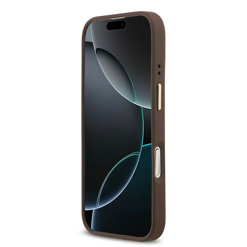 Apple iPhone 17 Kılıf Guess Orjinal Lisanslı M-safe Şarj Özellikli Gold Metal Kamera Çerçeveli PU Deri 4G Desenli Yazı Logolu Kapak Mavi