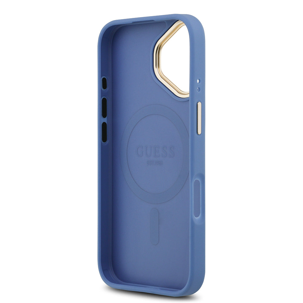 Apple iPhone 17 Kılıf Guess Orjinal Lisanslı M-safe Şarj Özellikli Gold Metal Kamera Çerçeveli PU Deri 4G Desenli Yazı Logolu Kapak Mavi