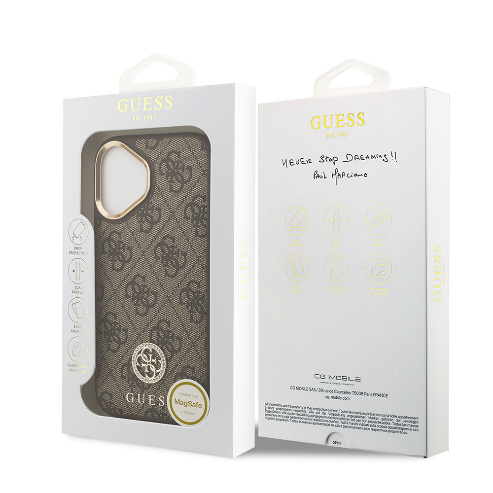 Apple iPhone 17 Kılıf Guess Orjinal Lisanslı M-safe Şarj Özellikli Gold Metal Kamera Çerçeveli Taşlı 4G Logolu Kapak  Pembe