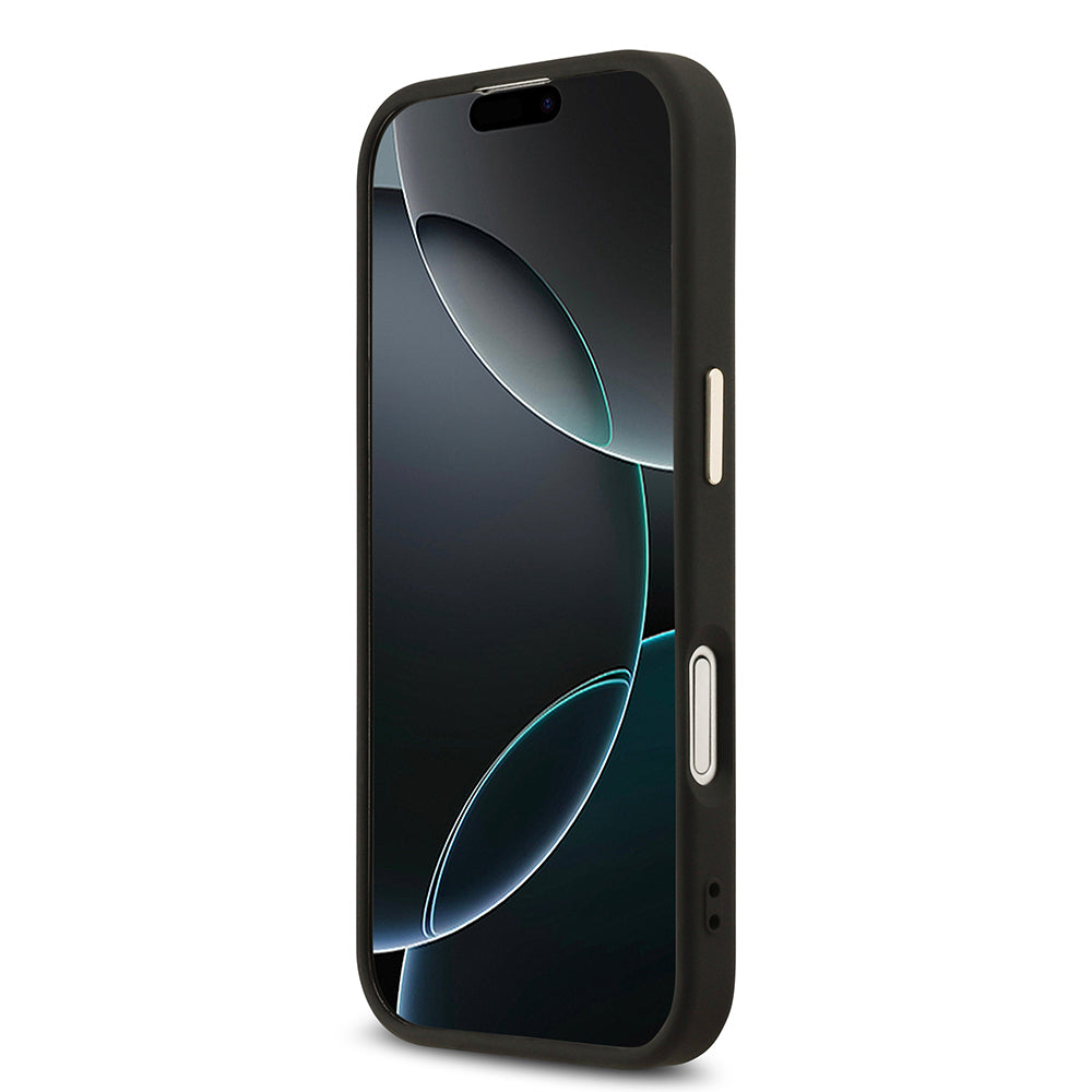 Apple iPhone 17 Kılıf Guess Orjinal Lisanslı M-safe Şarj Özellikli Gold Metal Kamera Çerçeveli Taşlı Üçgen Logo 4G Desenli Kapak Pembe