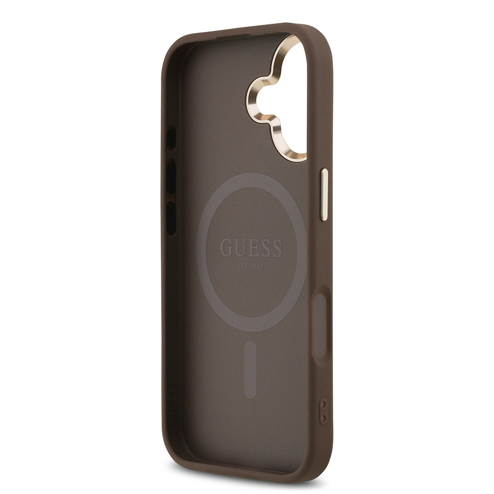 Apple iPhone 17 Kılıf Guess Orjinal Lisanslı M-safe Şarj Özellikli Gold Metal Kamera Çerçeveli Taşlı Üçgen Logo 4G Desenli Kapak Pembe