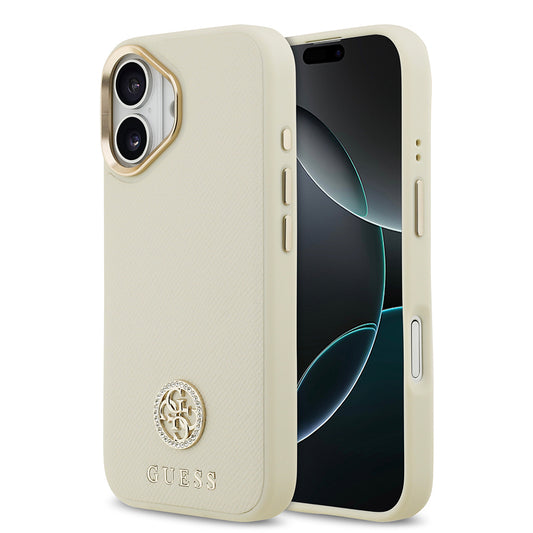 Apple iPhone 17 Kılıf Guess Orjinal Lisanslı M-safe Şarj Özellikli Grained Yazı ve Taşlı 4G Logolu Kapak Bej