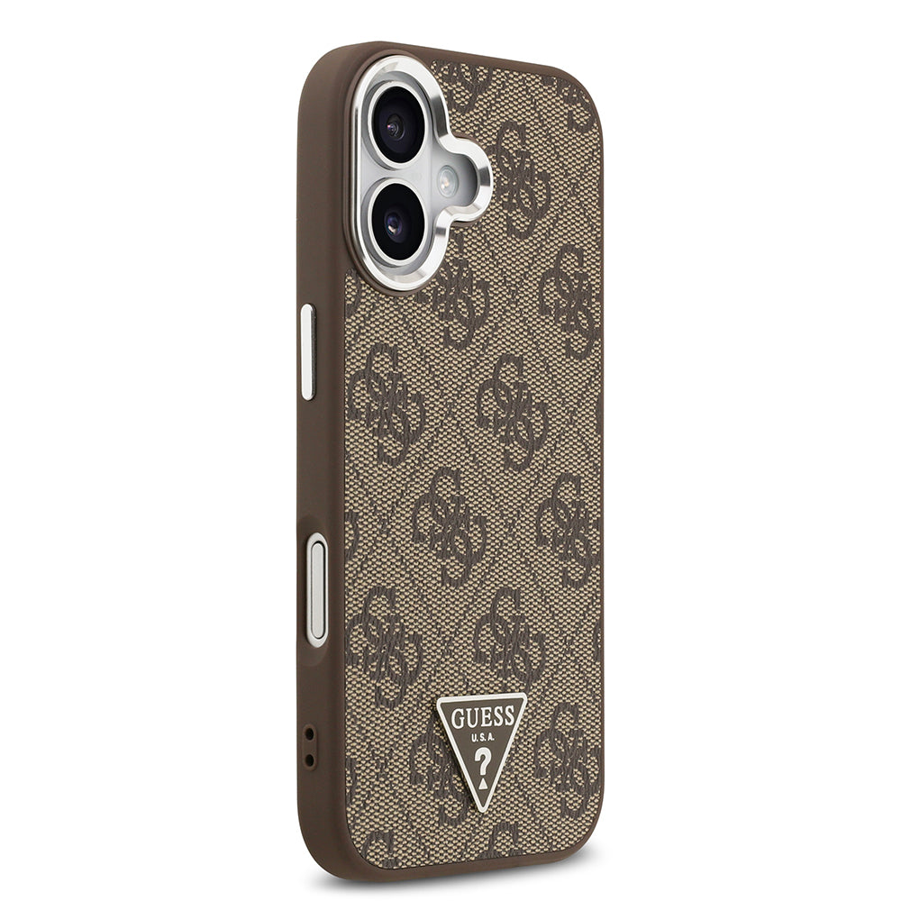 Apple iPhone 17 Kılıf Guess Orjinal Lisanslı M-safe Şarj Özellikli Gümüş Metal Kamera Çerçeveli Üçgen Logo 4G Desenli Kapak Siyah