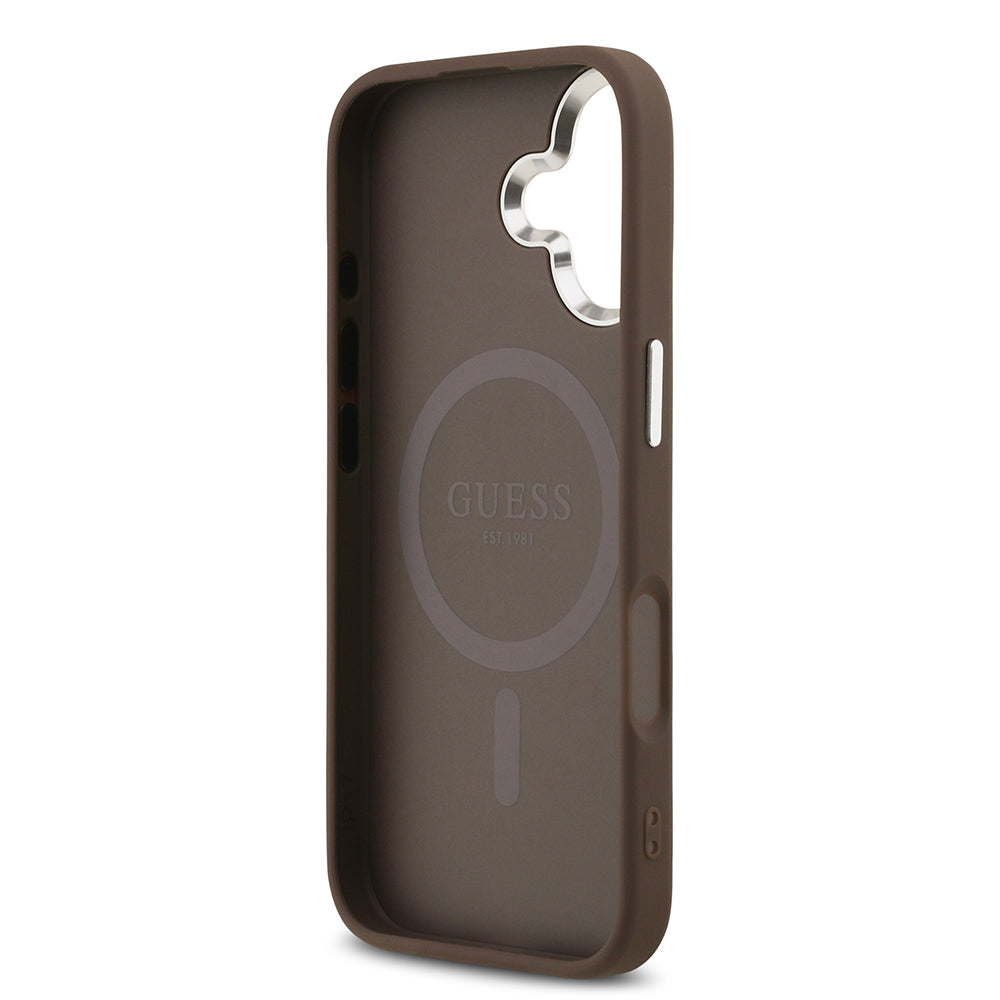 Apple iPhone 17 Kılıf Guess Orjinal Lisanslı M-safe Şarj Özellikli Gümüş Metal Kamera Çerçeveli Üçgen Logo 4G Desenli Kapak Kahverengi