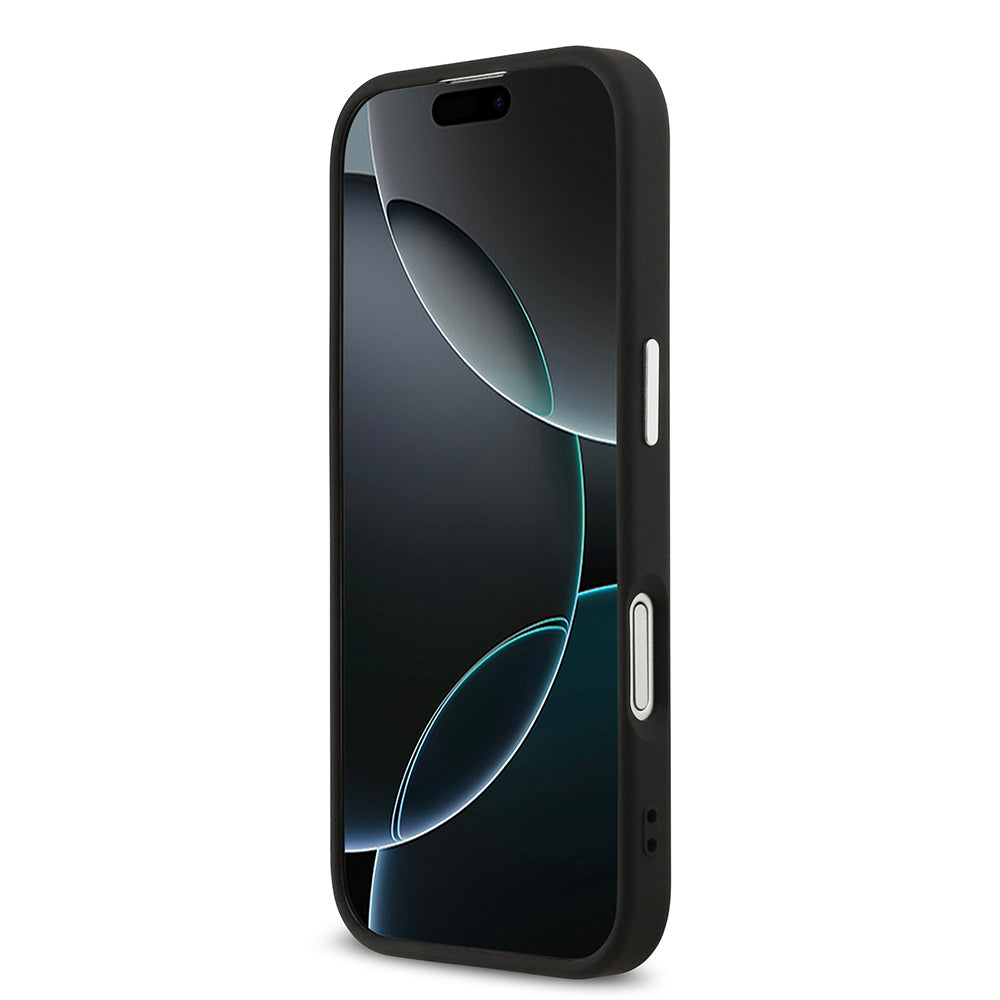 Apple iPhone 17 Kılıf Guess Orjinal Lisanslı M-safe Şarj Özellikli Gümüş Metal Kamera Çerçeveli Üçgen Logo 4G Desenli Kapak Siyah