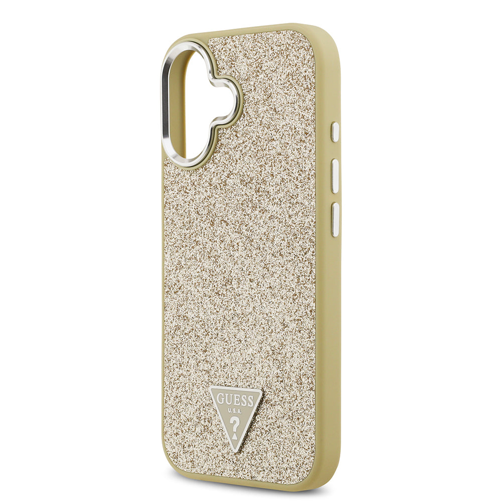 Apple iPhone 17 Kılıf Guess Orjinal Lisanslı M-safe Şarj Özellikli Metal Kamera Çerçeveli Üçgen Logolu Glitter Kapak Gold