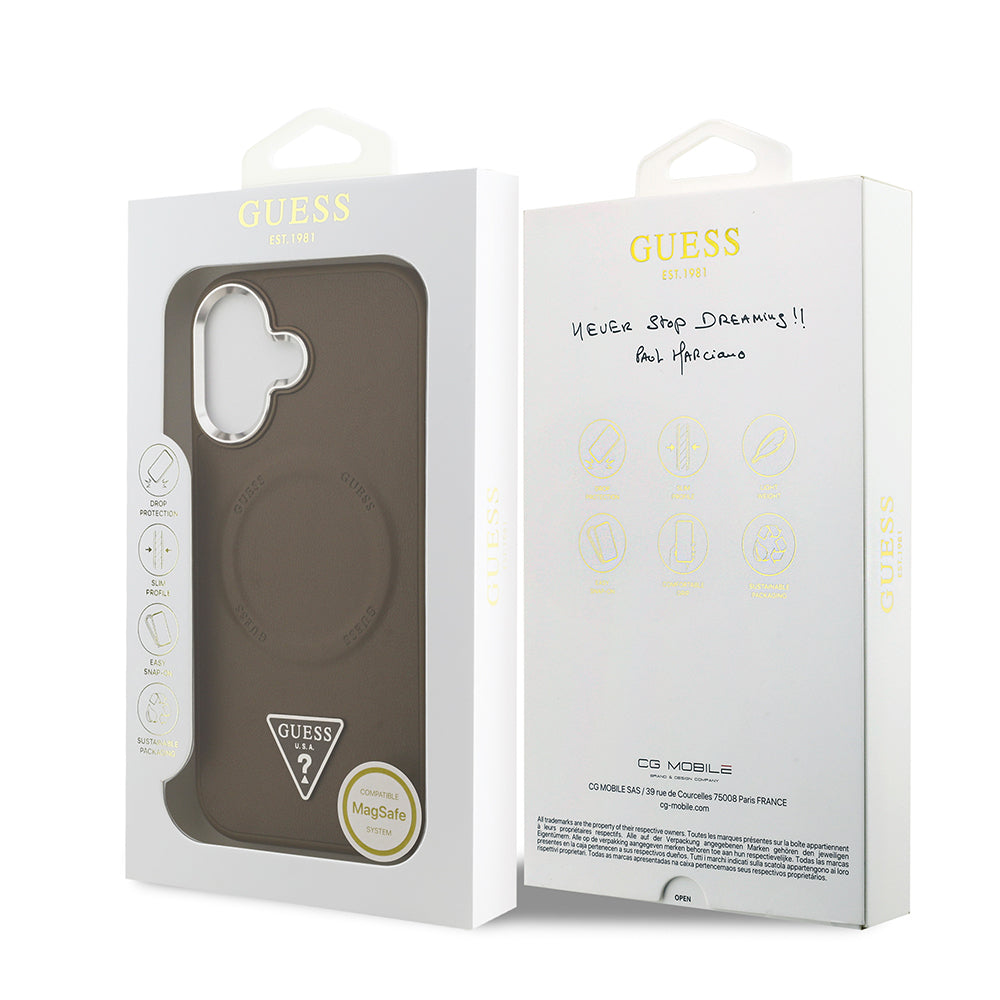 Apple iPhone 17 Kılıf Guess Orjinal Lisanslı M-safe Şarj Özellikli PU Deri Metal Kamera Çerçeveli Üçgen Logolu Kapak  Kahverengi