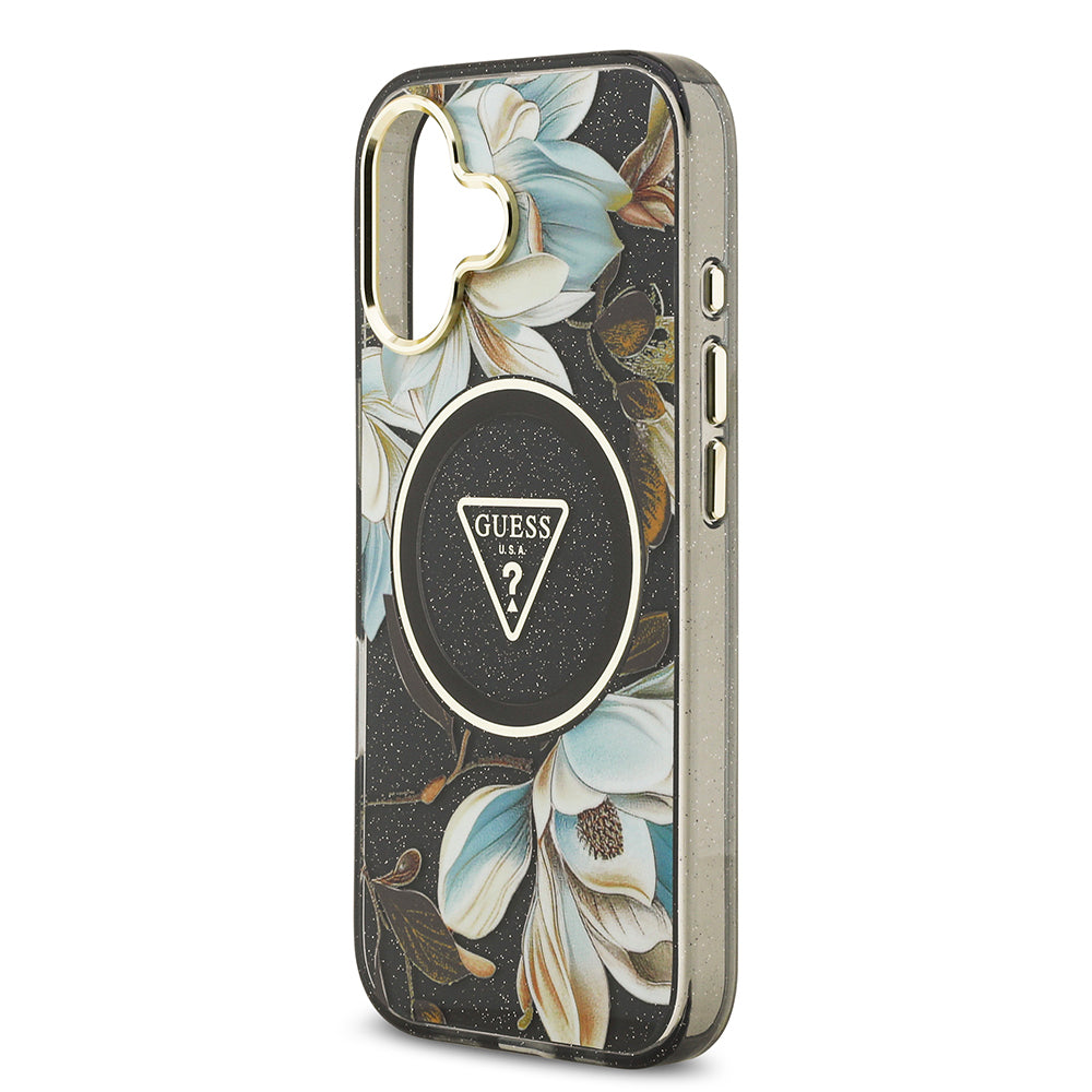 Apple iPhone 17 Kılıf Guess Orjinal Lisanslı M-safe Şarj Özellikli Simli Çiçek Desenli Metal Kamera Çerçeveli Üçgen Logolu Kapak Beyaz