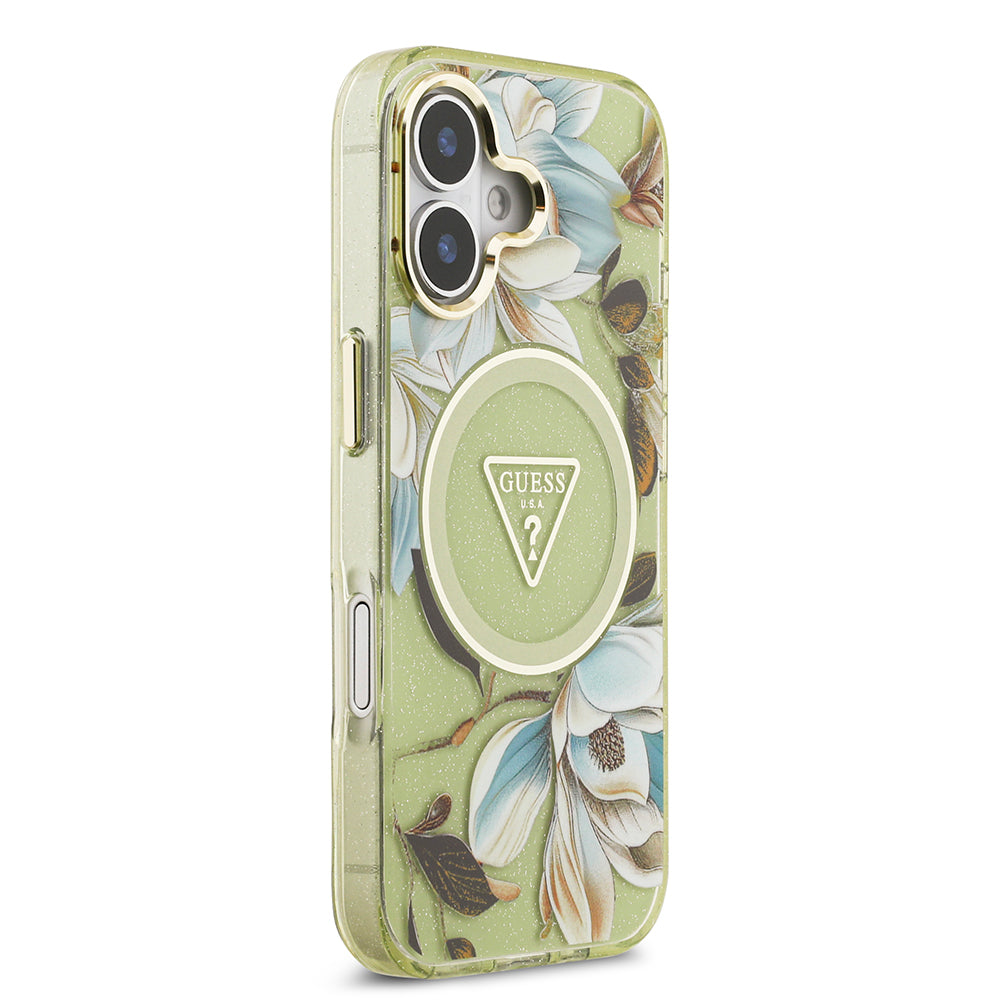 Apple iPhone 17 Kılıf Guess Orjinal Lisanslı M-safe Şarj Özellikli Simli Çiçek Desenli Metal Kamera Çerçeveli Üçgen Logolu Kapak Mor