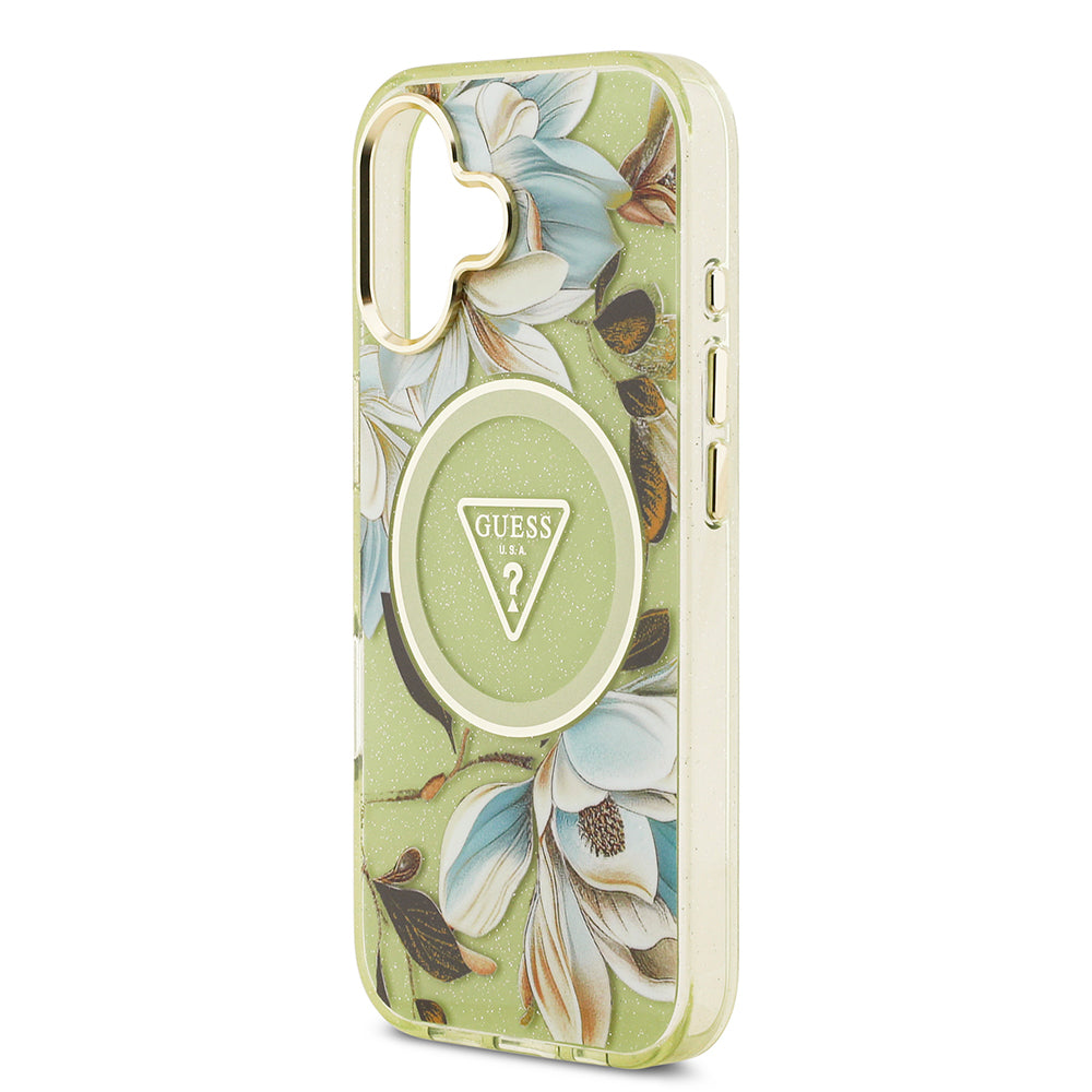 Apple iPhone 17 Kılıf Guess Orjinal Lisanslı M-safe Şarj Özellikli Simli Çiçek Desenli Metal Kamera Çerçeveli Üçgen Logolu Kapak Beyaz