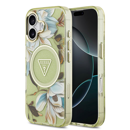 Apple iPhone 17 Kılıf Guess Orjinal Lisanslı M-safe Şarj Özellikli Simli Çiçek Desenli Metal Kamera Çerçeveli Üçgen Logolu Kapak Yeşil