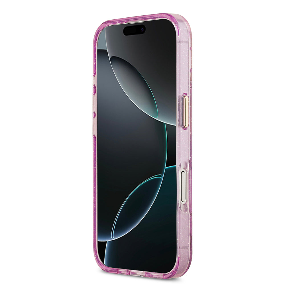 Apple iPhone 17 Kılıf Guess Orjinal Lisanslı M-safe Şarj Özellikli Simli Çiçek Desenli Metal Kamera Çerçeveli Üçgen Logolu Kapak Siyah