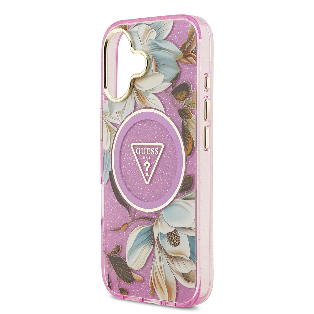 Apple iPhone 17 Kılıf Guess Orjinal Lisanslı M-safe Şarj Özellikli Simli Çiçek Desenli Metal Kamera Çerçeveli Üçgen Logolu Kapak Beyaz