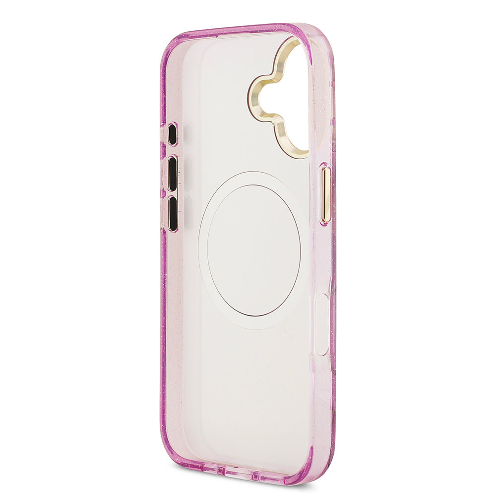 Apple iPhone 17 Kılıf Guess Orjinal Lisanslı M-safe Şarj Özellikli Simli Çiçek Desenli Metal Kamera Çerçeveli Üçgen Logolu Kapak Siyah