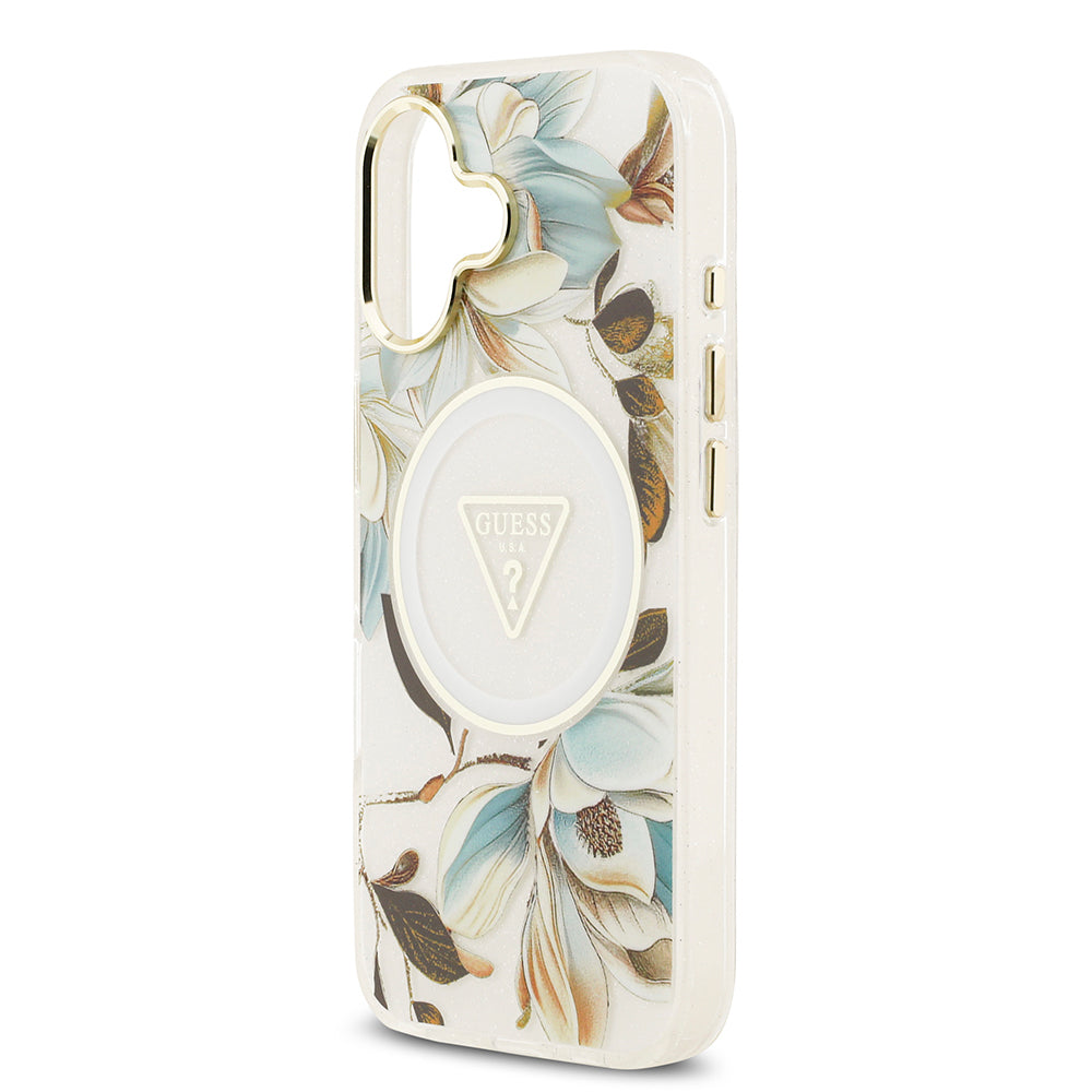 Apple iPhone 17 Kılıf Guess Orjinal Lisanslı M-safe Şarj Özellikli Simli Çiçek Desenli Metal Kamera Çerçeveli Üçgen Logolu Kapak Beyaz