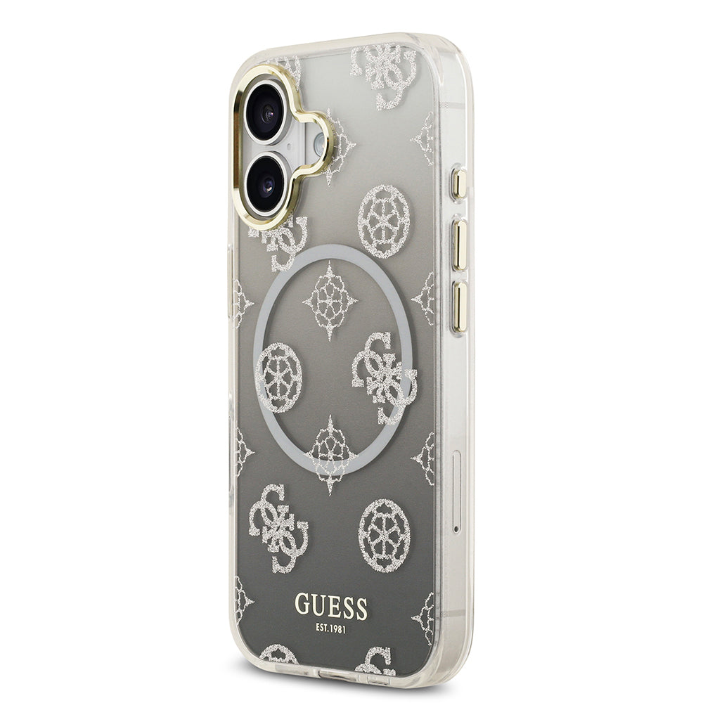 Apple iPhone 17 Kılıf Guess Orjinal Lisanslı M-safe Şarj Özellikli Simli Peony Desenli Silikon Kapak Pembe