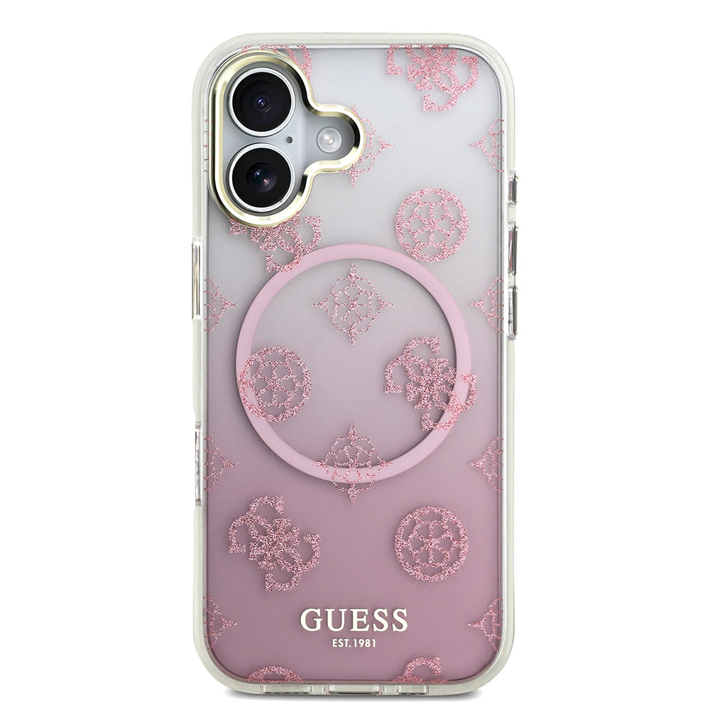 Apple iPhone 17 Kılıf Guess Orjinal Lisanslı M-safe Şarj Özellikli Simli Peony Desenli Silikon Kapak Pembe