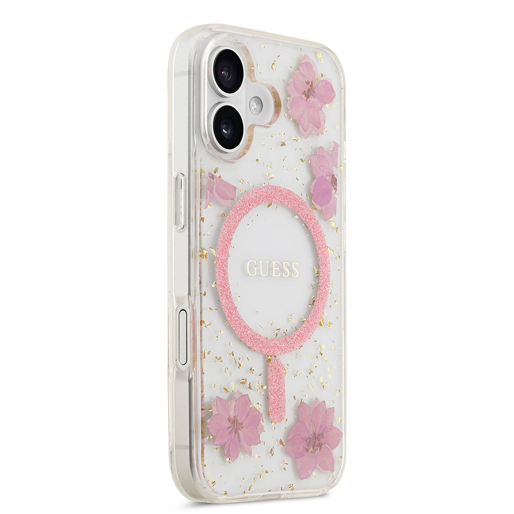 Apple iPhone 17 Kılıf Guess Orjinal Lisanslı M-safe Şarj Özellikli Transparan Resin Flowers Kapak Pembe