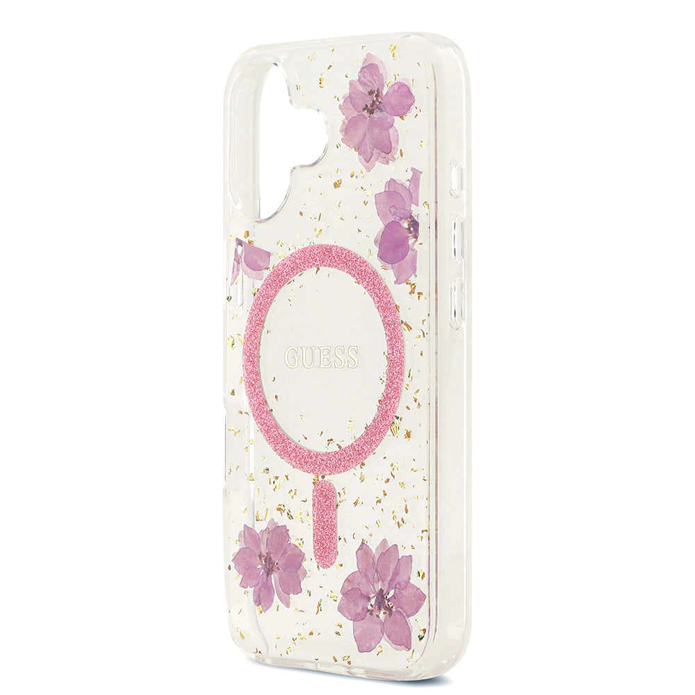 Apple iPhone 17 Kılıf Guess Orjinal Lisanslı M-safe Şarj Özellikli Transparan Resin Flowers Kapak Mor