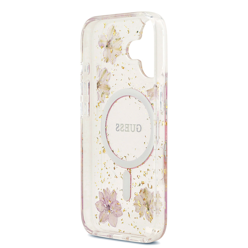 Apple iPhone 17 Kılıf Guess Orjinal Lisanslı M-safe Şarj Özellikli Transparan Resin Flowers Kapak Mor