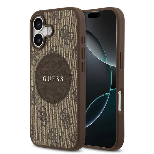 Apple iPhone 17 Kılıf Guess Orjinal Lisanslı M-safe Şarj Özellikli Yazı Logolu Circle Classic Kapak Kahverengi