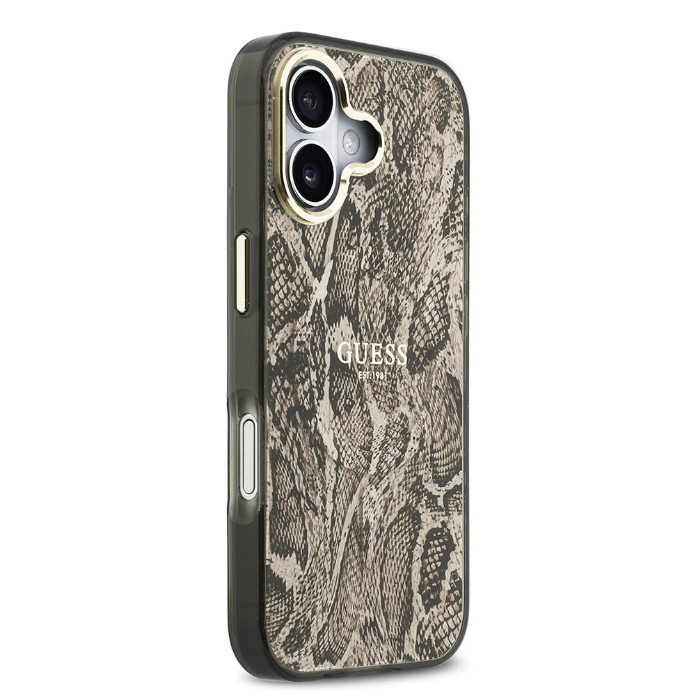 Apple iPhone 17 Kılıf Guess Orjinal Lisanslı M-safe Şarj Özellikli Yazı Logolu Python Desenli Kapak Kahverengi