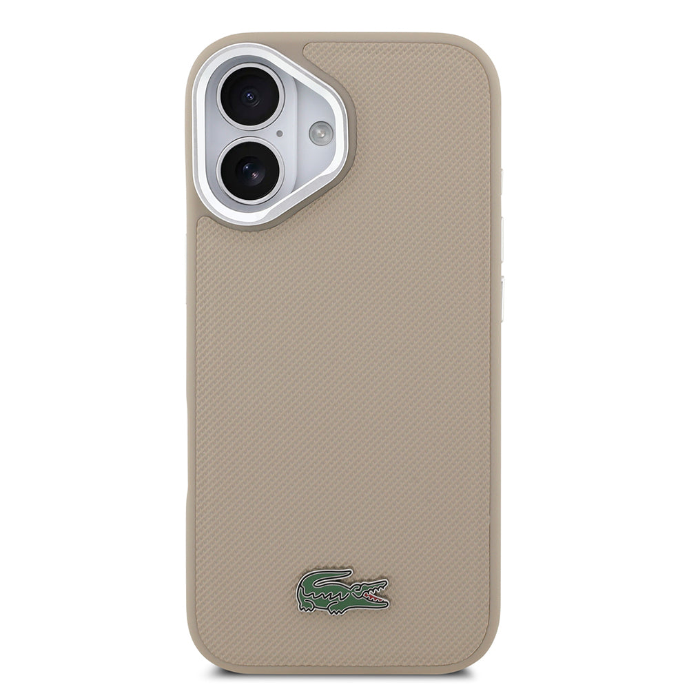 Apple iPhone 17 Kılıf Lacoste Orjinal Lisanslı M-safe Şarj Özellikli PU Pike Desenli Standlı Metal Logolu Kapak Bej