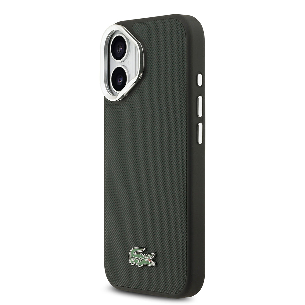 Apple iPhone 17 Kılıf Lacoste Orjinal Lisanslı M-safe Şarj Özellikli PU Pike Desenli Standlı Metal Logolu Kapak Koyu Yeşil