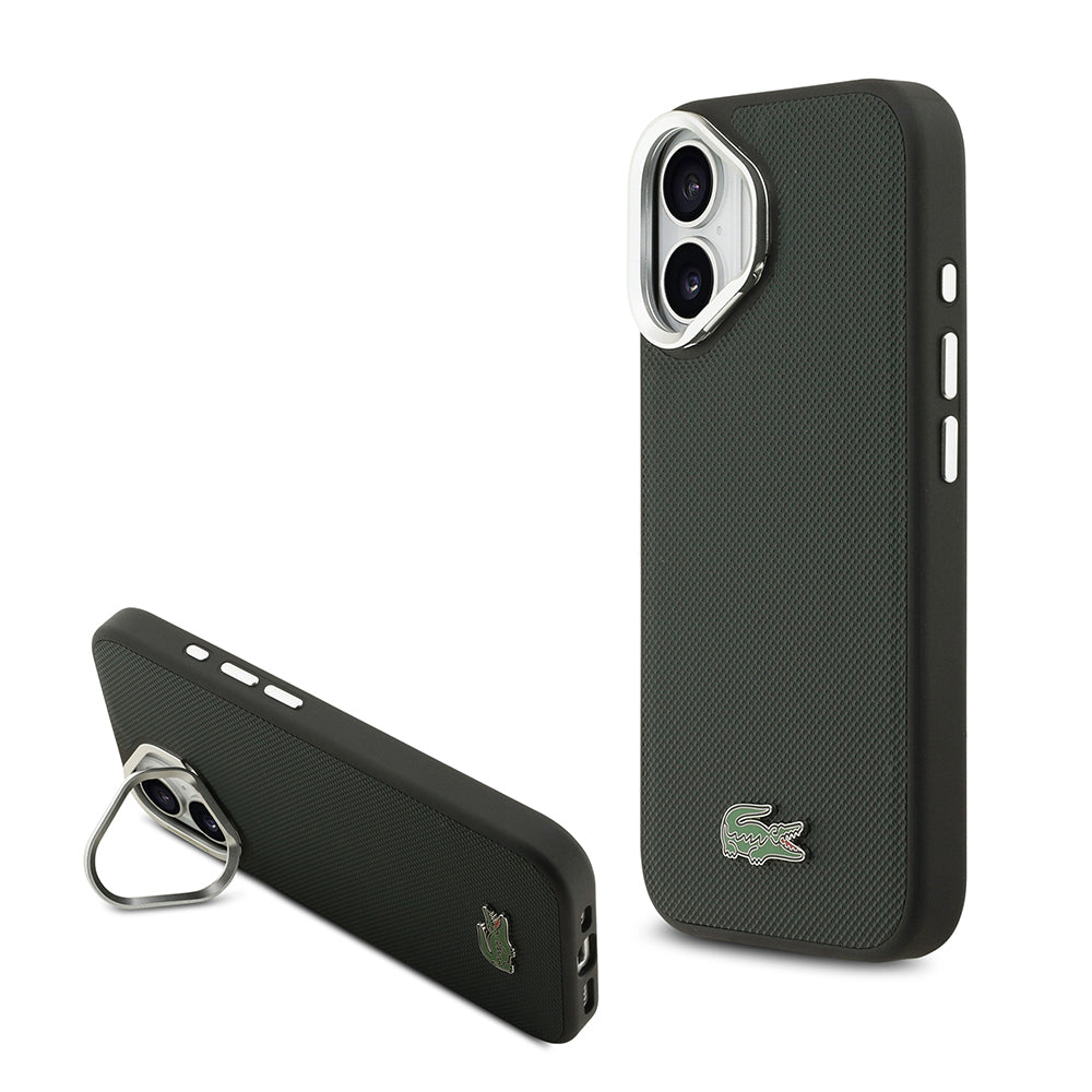 Apple iPhone 17 Kılıf Lacoste Orjinal Lisanslı M-safe Şarj Özellikli PU Pike Desenli Standlı Metal Logolu Kapak Koyu Yeşil