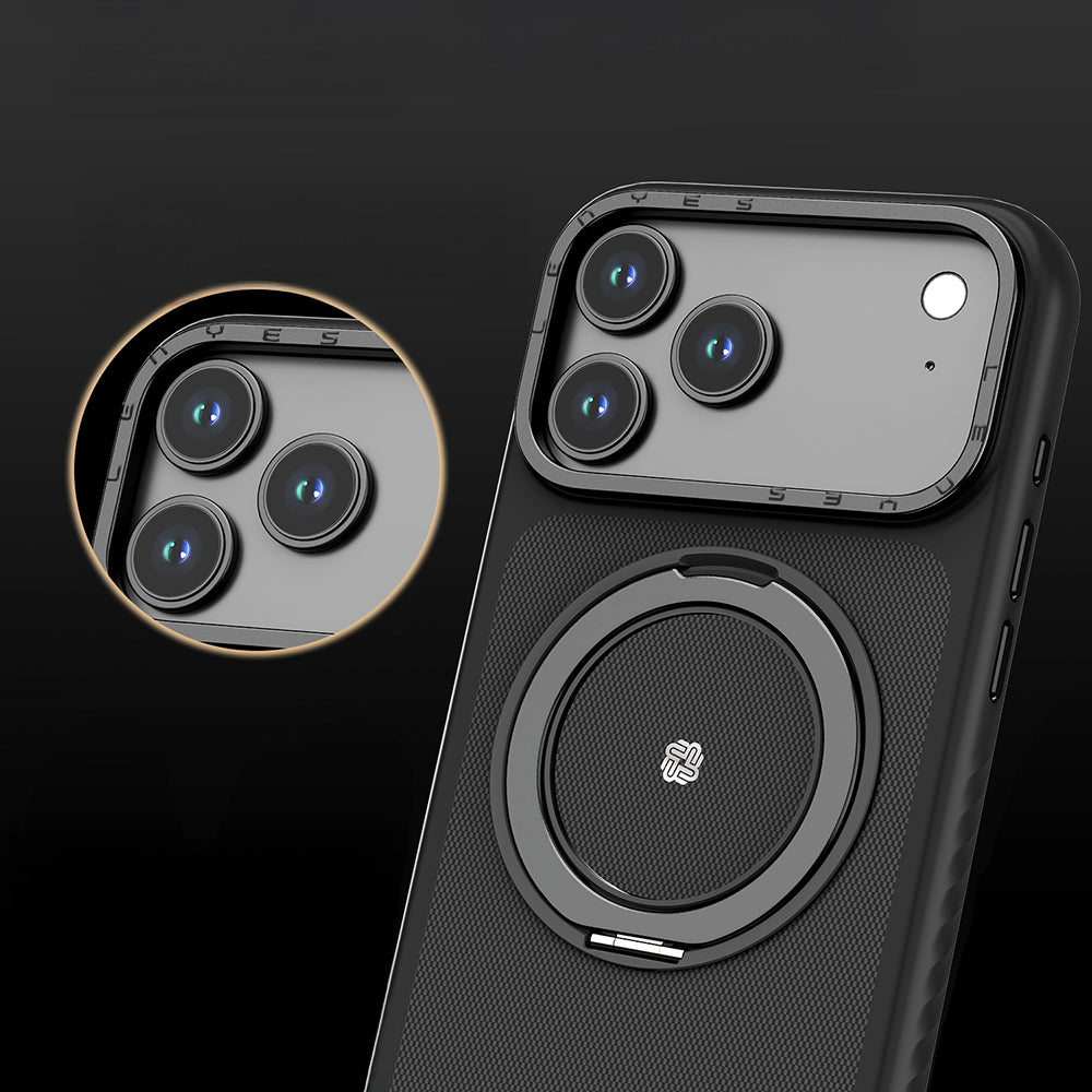 Apple iPhone 17 Kılıf M-safe Şarj Özellikli Metal Standlı Lenyes CK225 Kevlar Kapak Siyah