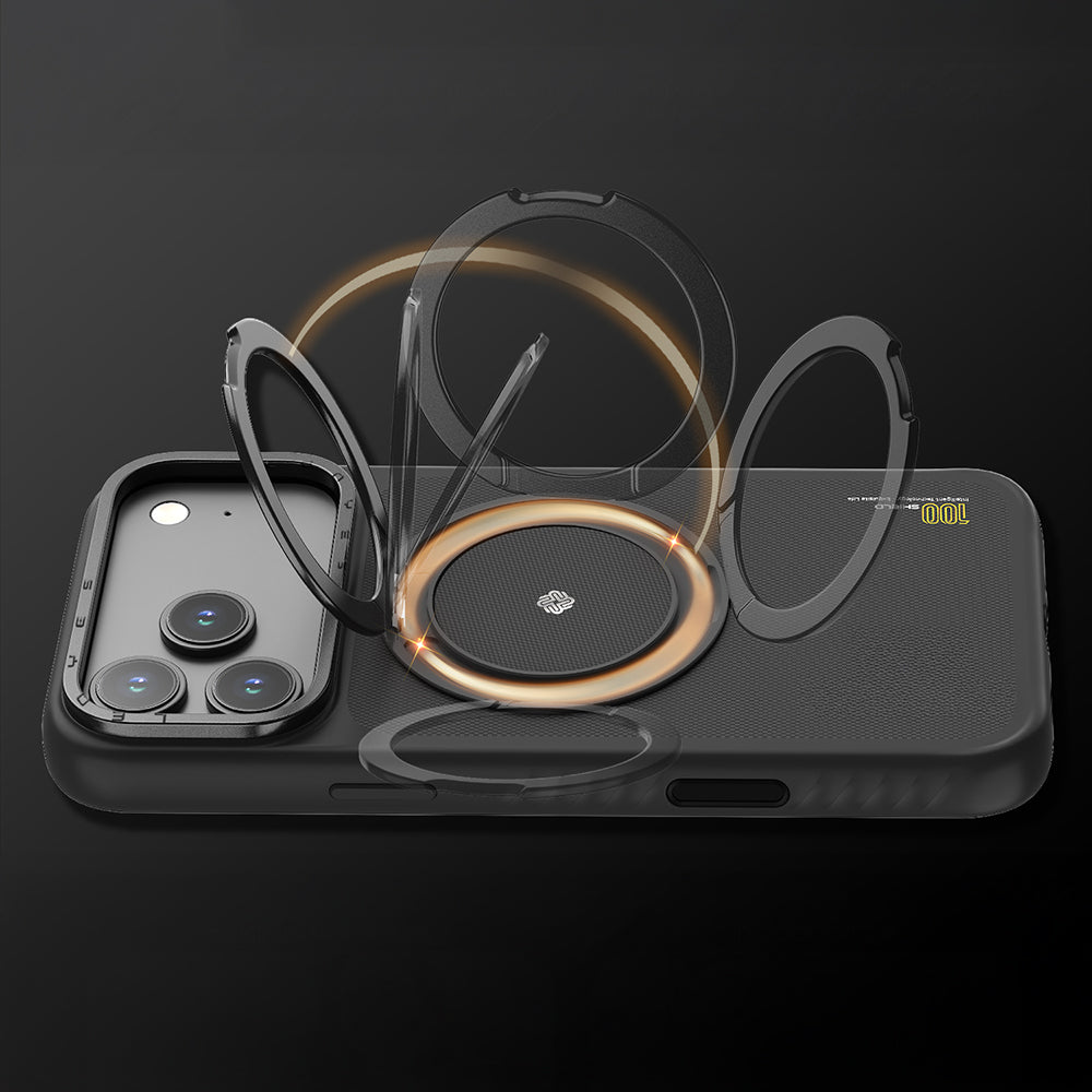 Apple iPhone 17 Kılıf M-safe Şarj Özellikli Metal Standlı Lenyes CK225 Kevlar Kapak Siyah