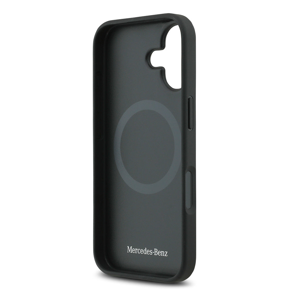 Apple iPhone 17 Kılıf Mercedes Benz Orjinal Lisanslı M-safe Şarj Özellikli Şeritli Yıldız Desenli Metal Logolu Deri Kapak Lacivert