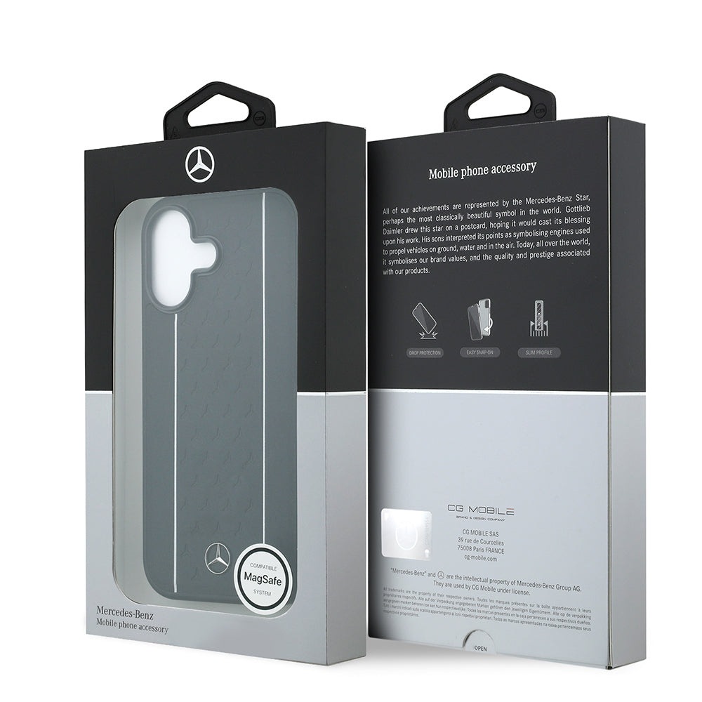 Apple iPhone 17 Kılıf Mercedes Benz Orjinal Lisanslı M-safe Şarj Özellikli Şeritli Yıldız Desenli Metal Logolu Deri Kapak Siyah