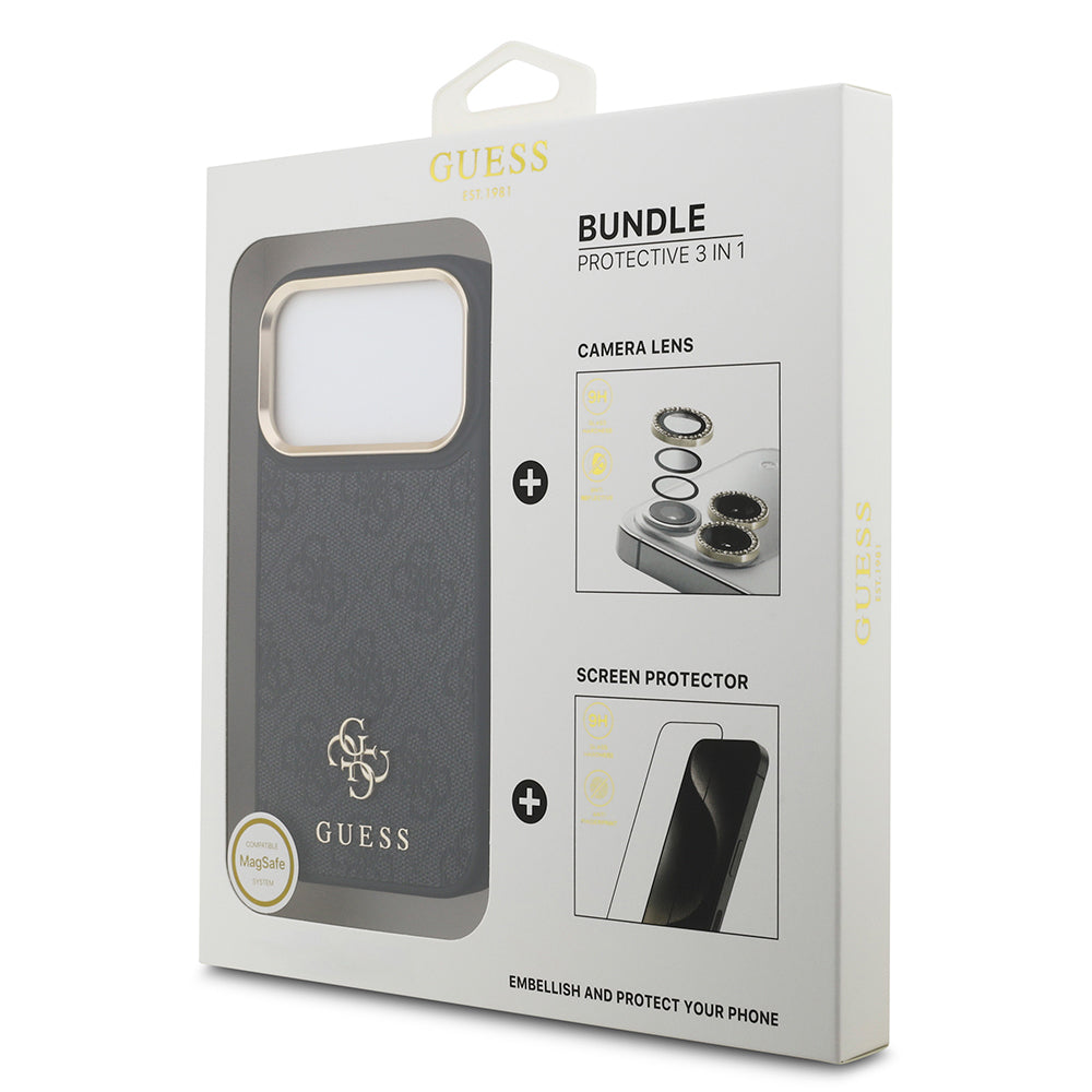 Apple iPhone 17 Pro Guess Orjinal Lisanslı 4G ve Yazı Logolu Kılıf + Ekran Koruyucu + Lens Koruyucu 3in1 Aksesuar Seti Siyah