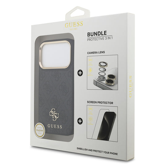 Apple iPhone 17 Pro Guess Orjinal Lisanslı 4G ve Yazı Logolu Kılıf + Ekran Koruyucu + Lens Koruyucu 3in1 Aksesuar Seti Siyah