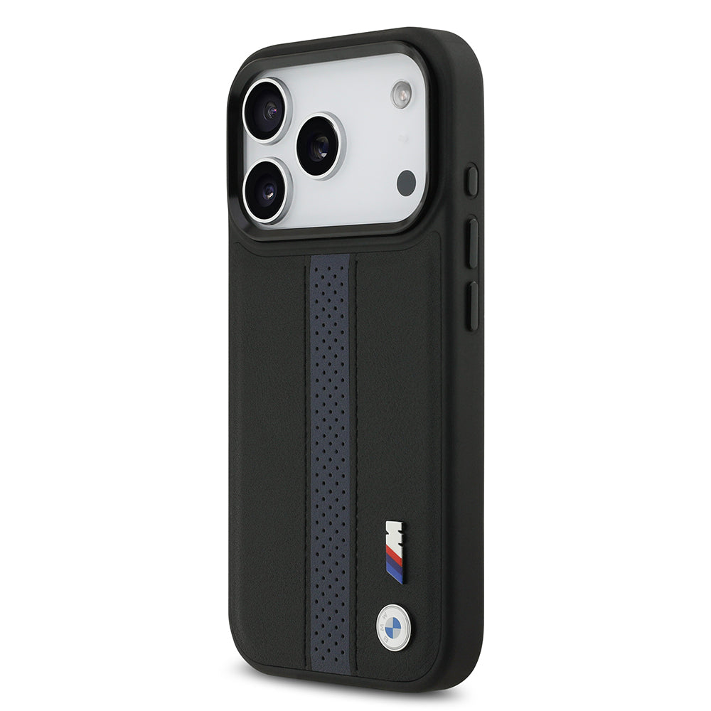 Apple iPhone 17 Pro Kılıf BMW Orjinal Lisanslı M-safe Şarj Özellikli Deri Arka Yüzey Metal Logolu Delikli Şerit Tasarımlı Kapak Mavi