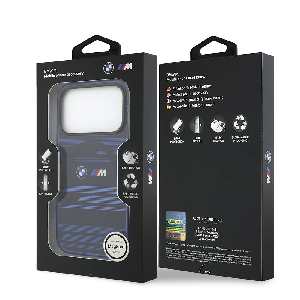 Apple iPhone 17 Pro Kılıf BMW Orjinal Lisanslı M-safe Şarj Özellikli Metal Kamera Butonlu Yatay Şeritli M Dizayn Kapak Gümüş