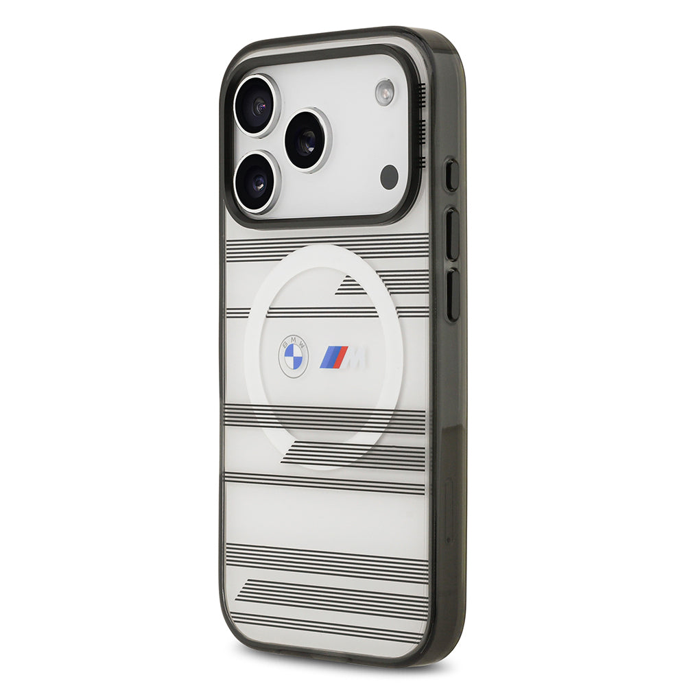 Apple iPhone 17 Pro Kılıf BMW Orjinal Lisanslı M-safe Şarj Özellikli Metal Kamera Butonlu Yatay Şeritli M Dizayn Kapak Mavi