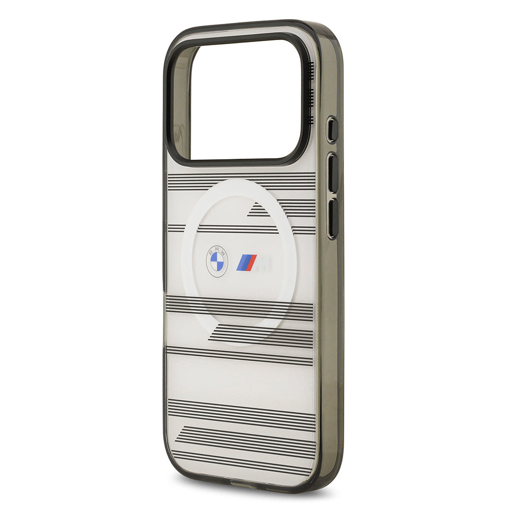 Apple iPhone 17 Pro Kılıf BMW Orjinal Lisanslı M-safe Şarj Özellikli Metal Kamera Butonlu Yatay Şeritli M Dizayn Kapak Siyah