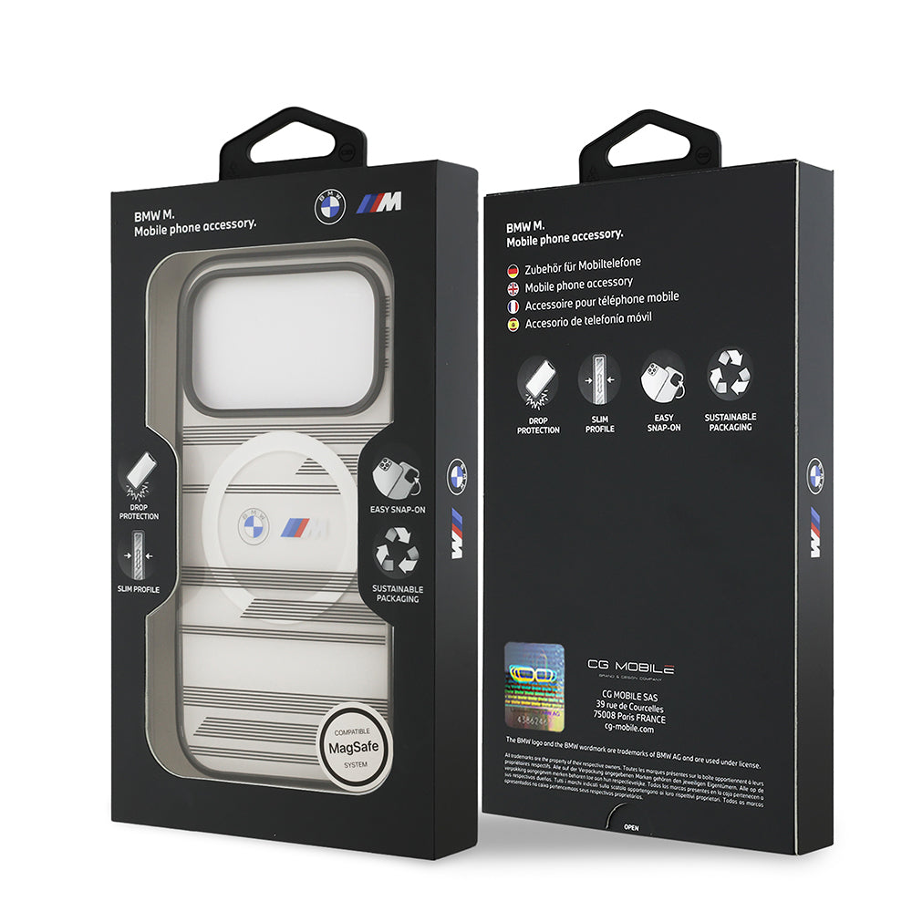 Apple iPhone 17 Pro Kılıf BMW Orjinal Lisanslı M-safe Şarj Özellikli Metal Kamera Butonlu Yatay Şeritli M Dizayn Kapak Siyah