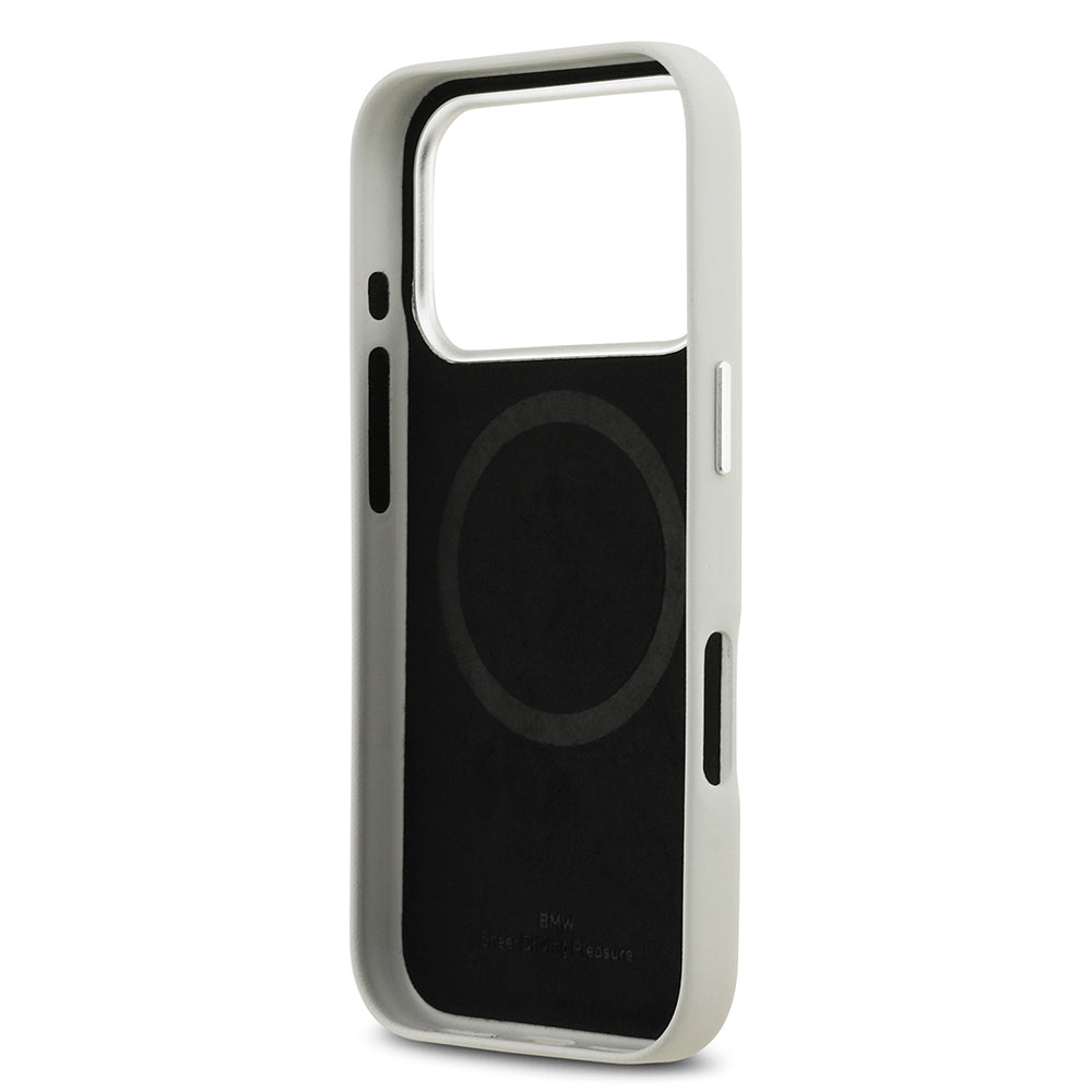 Apple iPhone 17 Pro Kılıf BMW Orjinal Lisanslı M-safe Şarj Özellikli Metal Logolu Tam Kaplama Deri Kapak Gri