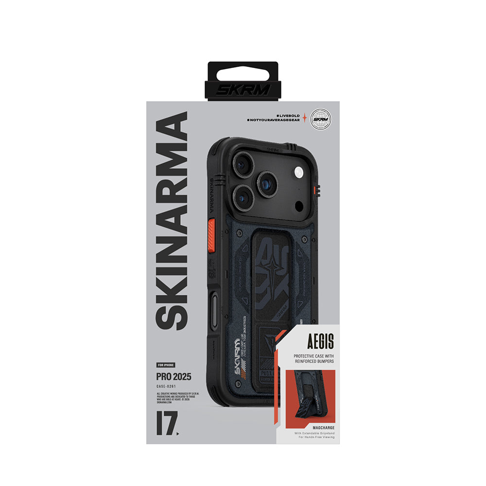 Apple iPhone 17 Pro Kılıf Desenli Airbag Tasarımlı Standlı Skinarma Aegis Kapak Gri