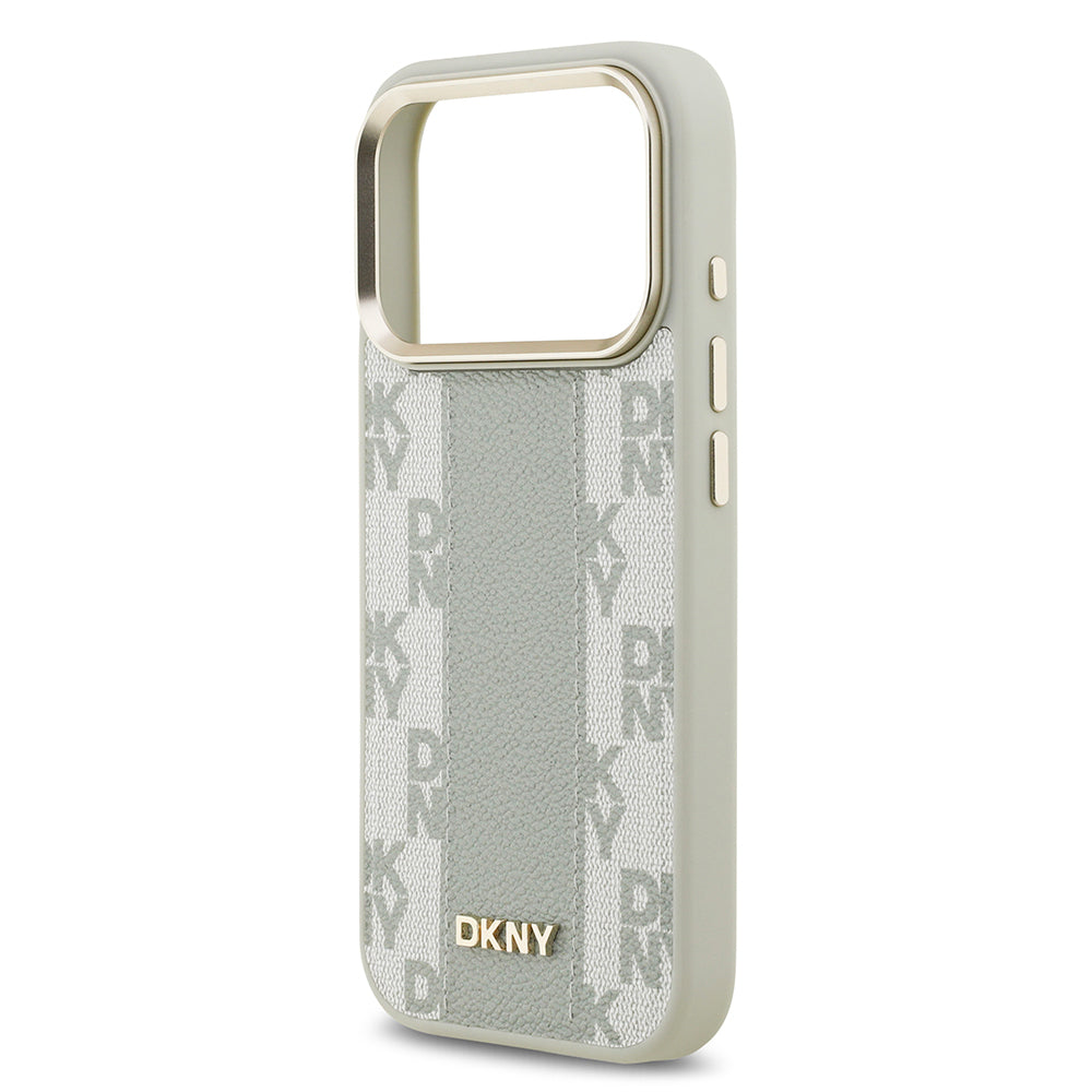 Apple iPhone 17 Pro Kılıf DKNY Orjinal Lisanslı M-safe Şarj Özellikli 3D Yazılı Checkered Pattern Kapak Bej