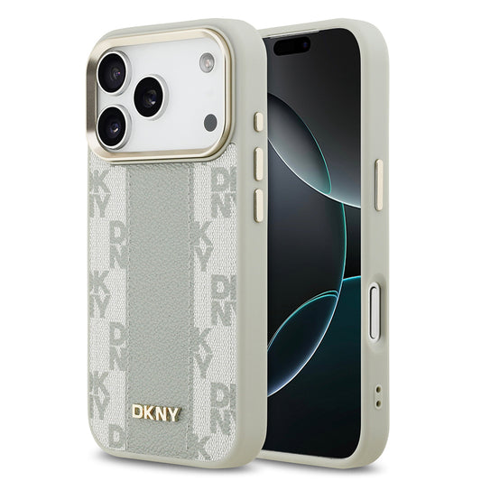 Apple iPhone 17 Pro Kılıf DKNY Orjinal Lisanslı M-safe Şarj Özellikli 3D Yazılı Checkered Pattern Kapak Bej